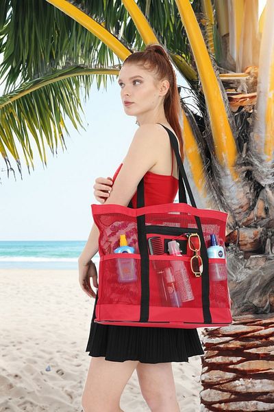 ELEPHANT ÇANTA Mesh Beach Bag with Pocket-Red, Durable, Fast Drying, Large Internal Volume, Lightweight, Folding Bag