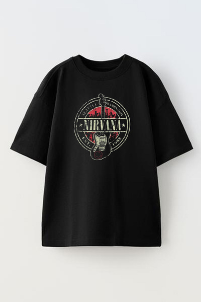NMG TEKSTİL تي شيرت قطني أسود كبير الحجم مطبوع عليه جيتار نيرفانا للجنسين