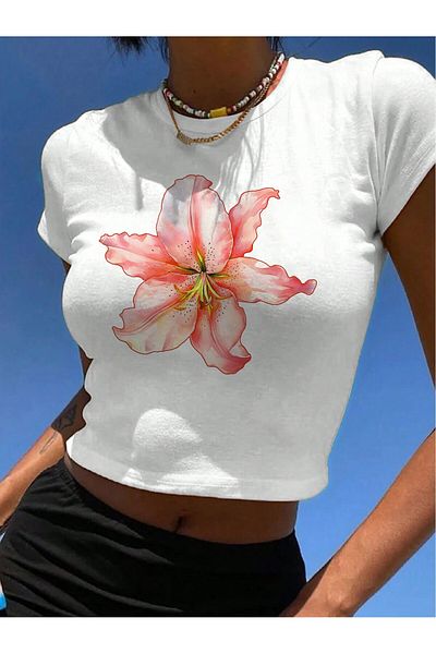 Jose Clothing Λευκή στάμπα Γυναικεία Crop Μπλούζα - Κοντό μανίκι