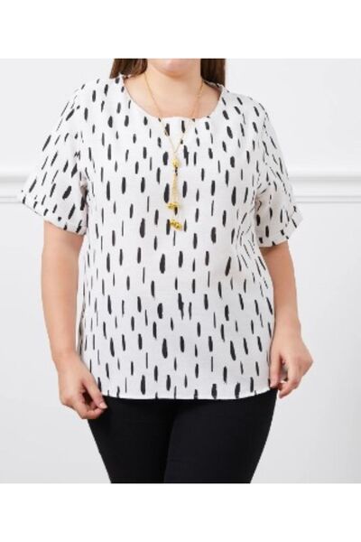 ZY BUTİK White Black Print - Short Sleeve Linen Blouse, Plus Size Round Neck