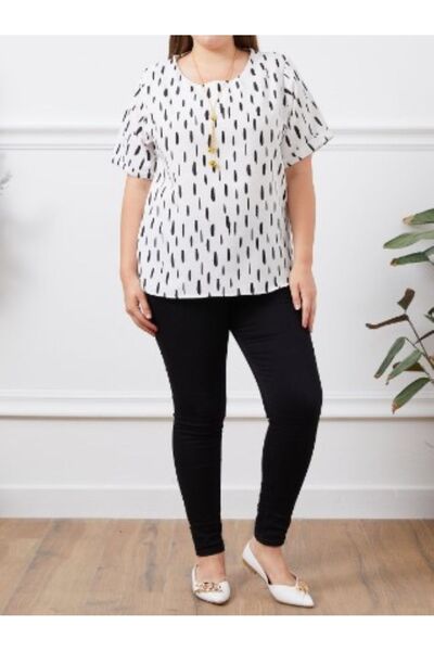 ZY BUTİK White Black Print - Short Sleeve Linen Blouse, Plus Size Round Neck