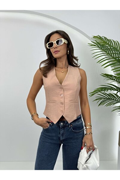 Elif Özbey Butik Linen Vest - Dark Powder, Buttoned