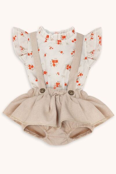 bebizu Çiçekli Fırfırlı Gömlek Etekli Salopet 2li Takım