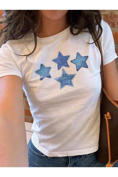 Touz Moda Τζιν Crop Μπλούζα - Μέγεθος Ζώνης, Star Printed