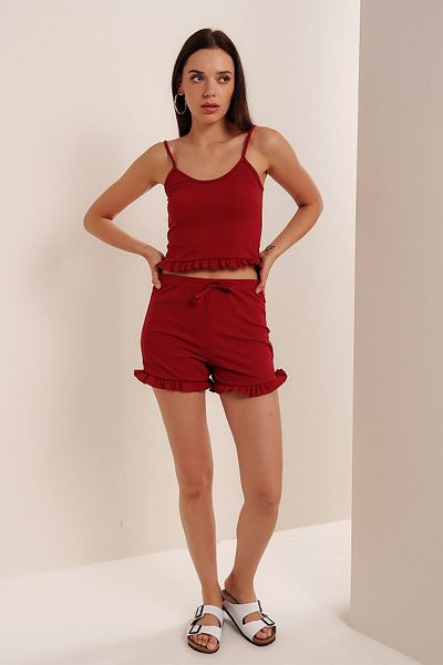 HAKKE Γυναικείο σετ πιτζάμες Claret Red Strappy Frilly