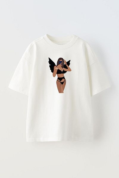 NMG TEKSTİL Unisex Λευκό Oversize Βαμβακερό Φτερωτό Μανεκέν Πλεκτό Μπλουζάκι με στάμπα