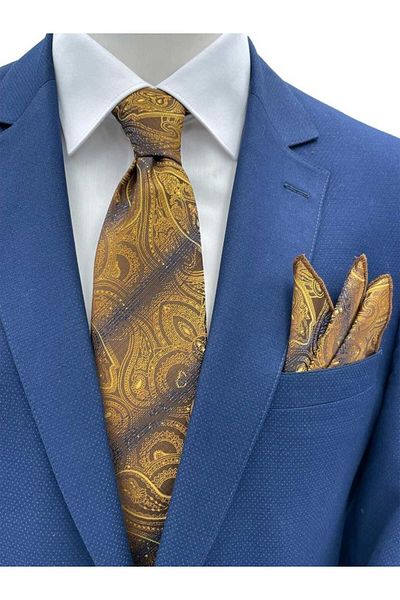 Brianze Yellow Shawl Patterned Brown Navy Blue Tie Handkerchief Set