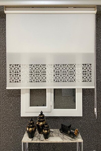 EYMENS HOME Eymen's Lzr1002 Lazer Kesim Çift Mekanizmalı Tül Ve Stor Perde Beyaz