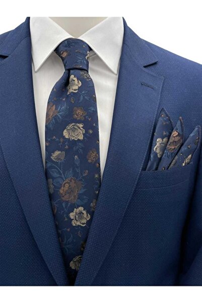 Brianze Бежево-синьо-коричневий набір краватки та хустки з квітковим візерунком