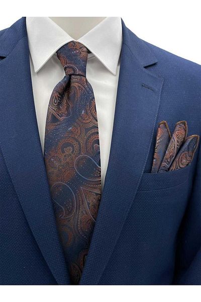Brianze Navy Blue Brown Handkerchief and Tie Set - Shawl Pattern