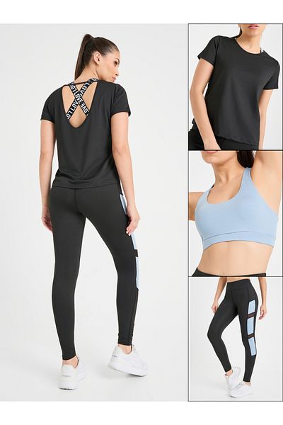 Styli Pack of 3 - Solid Top, Slogan Print Strap Sports Bra & Leggings