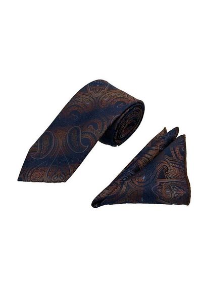 Brianze Navy Blue Brown Handkerchief and Tie Set - Shawl Pattern