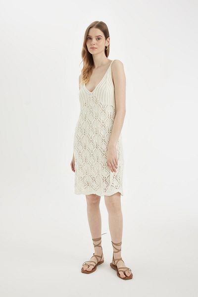 DeFacto White Midi Dress - V-Neck, Strap, Crochet C9078ax24sm