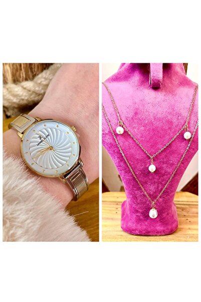 Daniel Klein Çelik Bilezik Kordon Kadın Kol Saat+%100 Çelik İncili Kolye