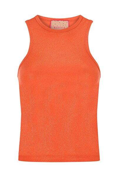 Whenever Company Turuncu Parlak Simli Fitilli Ince Likralı Kumaş Rahat Halter...