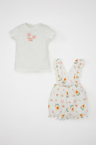 DeFacto Kurzärmliges Salopette und T-Shirt mit Blumenmuster für Baby-Mädchen, 2er-Set - C8762a524sm