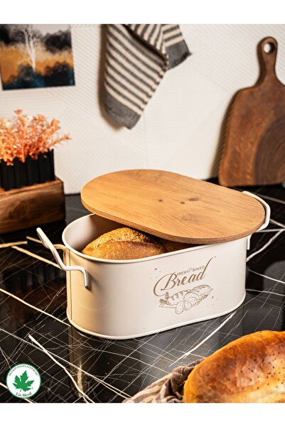 linmetal Ahşap Kapaklı Tel Kulplu Metal Ekmeklik (bread baskılı)