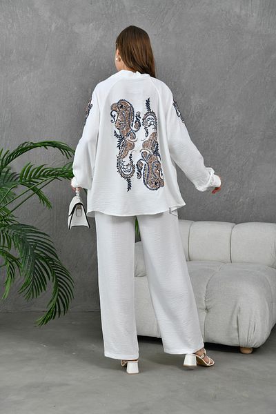 Miss Allos Linen Kimono Jacket and Trousers Set - Sequin Embroidered on the Back and Sleeves