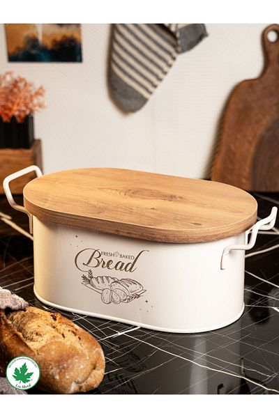 linmetal Metal Bread Bowl with Wooden Lid and Wire Handle (bread printed)
