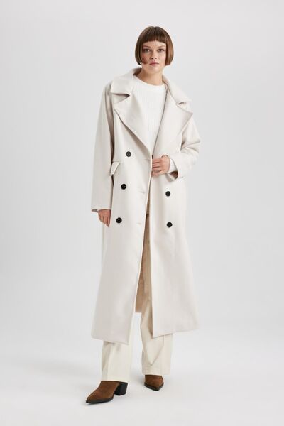 DeFacto Dlouhý dvouřadý kabát s klopou – Regular Fit s kapsou na knoflík B2588Ax23Wn