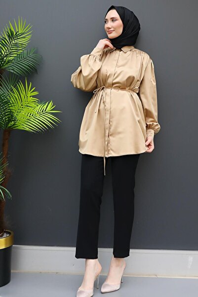 GİZ AGİYİM Μπισκότο Σατέν Πουκάμισο - Με Κρυφά Κουμπιά