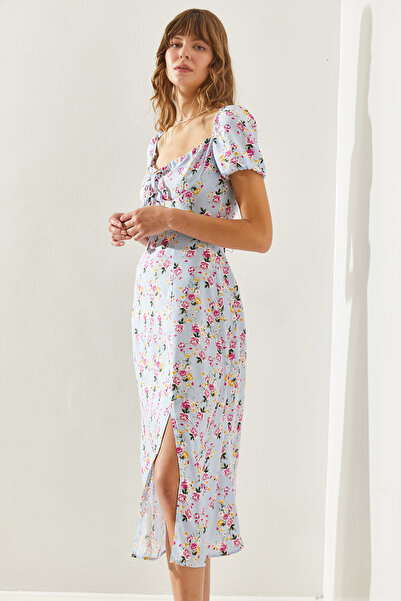 Bianco Lucci Rochie de damă cu modele florale - legare la guler și detaliu cu fante60251284