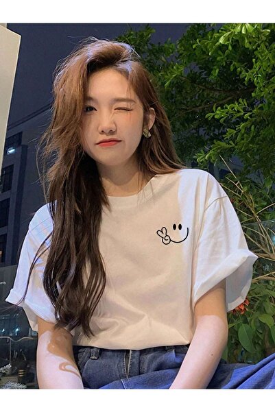 PALPİTO تي شيرت أبيض كبير الحجم - نسائي، مطبوع عليه السلام