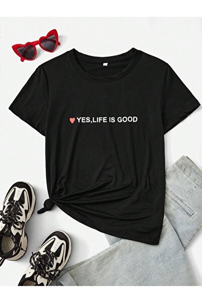 PALPİTO Γυναικείο μπλουζάκι μαύρο Life Is Good με στάμπα Oversize