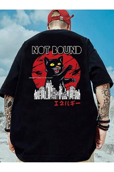 Generic Brand Tricou oversize cu imprimeu pisică neagră pentru bărbați