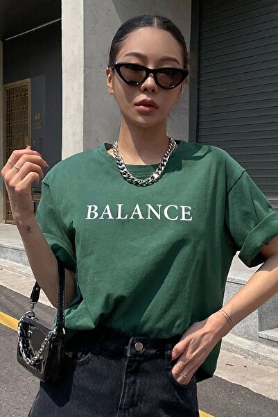 PALPİTO Γυναικείο μπλουζάκι Navy Green Balance με στάμπα Oversize