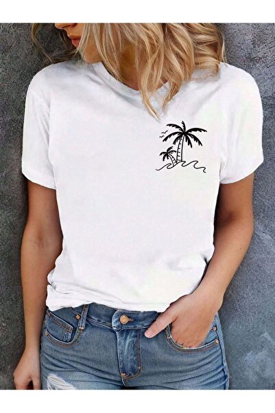 PALPİTO Tricou oversize cu imprimeu alb cu palmier pentru femei