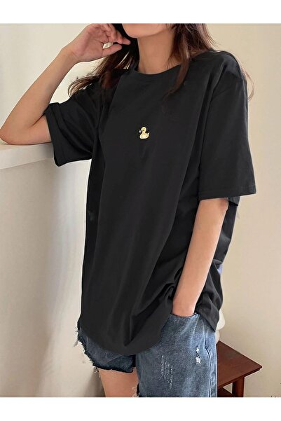 PALPİTO Ženska crna mini patka Štampano Oversize kroj T-shirt
