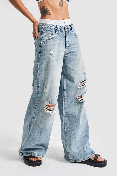its basic Blugi de damă Greenkest Color Boxer Pantaloni din denim rupti cu detalii