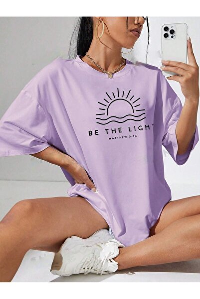 PALPİTO Tricou oversize cu imprimeu Liliac Be The Light pentru femei