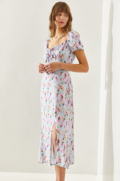 Bianco Lucci Rochie de damă cu modele florale - legare la guler și detaliu cu fante60251284