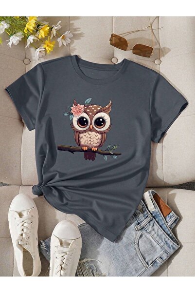 PALPİTO Tricou de damă oversize afumat cu imprimeu bufniță