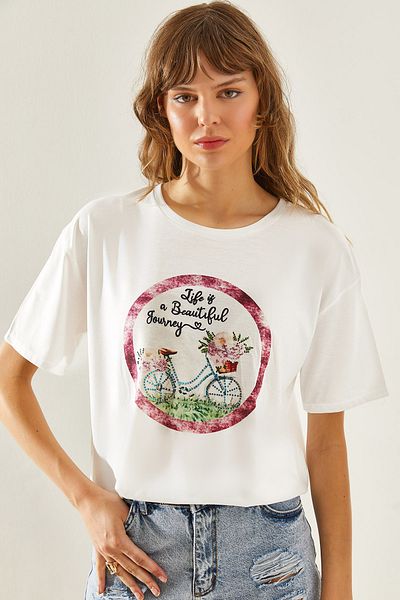 Bianco Lucci Tricou de damă din bumbac pieptănat cu detaliu de piatră cu model - mânecă scurtă 60251213