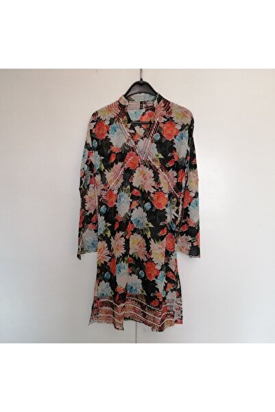 Butik Tülin Otantik tülbent siyah çok renkli desenli taba iplik beyaz boncuk ...