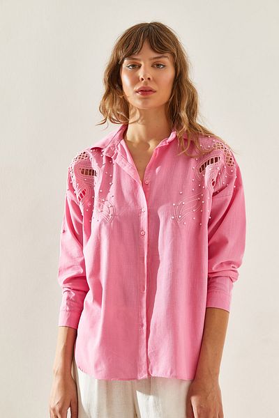 Bianco Lucci Flam Linen Women's Shirt - Pearl Stone Detail, Laser Cut, Long Sleeve60251205