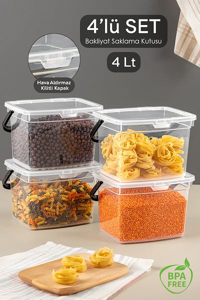 Meleni Home Set of 4 Multi-Purpose Flour Pulses Storage Container - Food Kitchen Storage Box Transparent 4 Lt