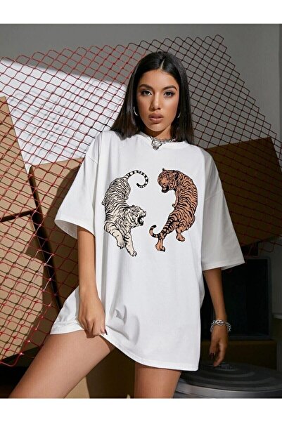 PALPİTO Women's White Double Tiger Printed Oversize T-Shirt