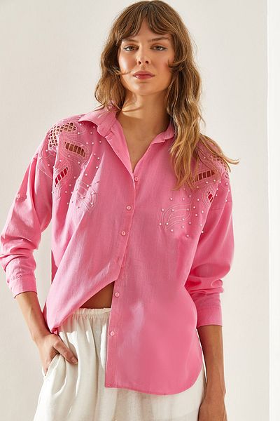 Bianco Lucci Flam Linen Women's Shirt - Pearl Stone Detail, Laser Cut, Long Sleeve60251205