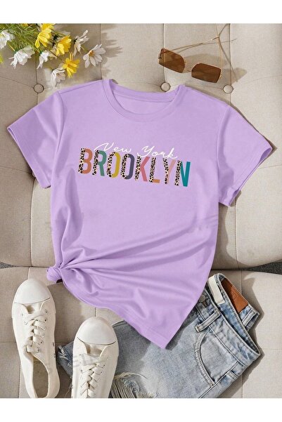 PALPİTO تي شيرت نسائي كبير الحجم مطبوع عليه بروكلين بلون أرجواني