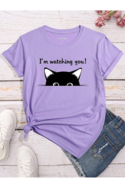 PALPİTO Γυναικείο μπλουζάκι Oversize Lilac Watching Cat με στάμπα