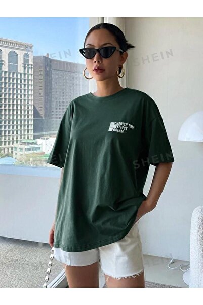 PALPİTO Nefti Green Cherish Time Štampano Žene Oversize kroj T-shirt