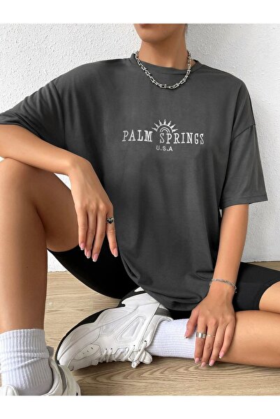 PALPİTO تي شيرت نسائي كبير الحجم مطبوع عليه سبرينغز بلون دخاني