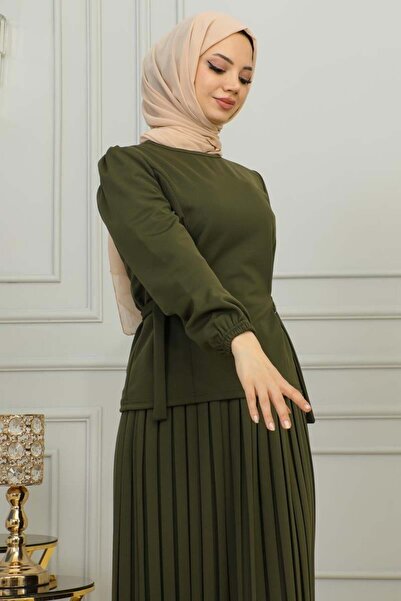TESETTÜR MÜJDE MERVE Pleated Set - Waist Detailed, KHAKI