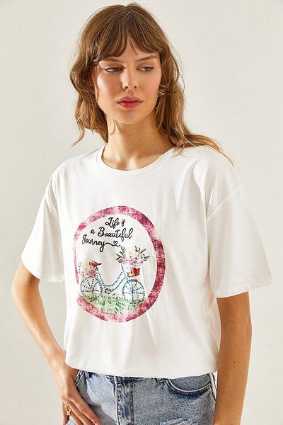 Bianco Lucci Tricou de damă din bumbac pieptănat cu detaliu de piatră cu model - mânecă scurtă 60251213