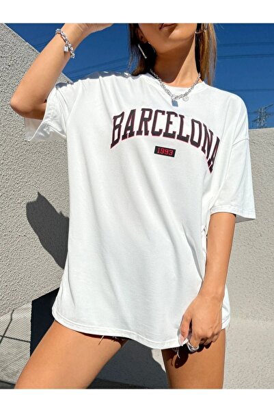 PALPİTO Tricou oversize pentru femei cu imprimeu Barcelona alb