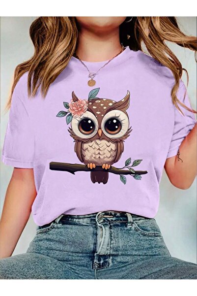 PALPİTO Tricou oversize pentru femei cu imprimeu bufniță liliac